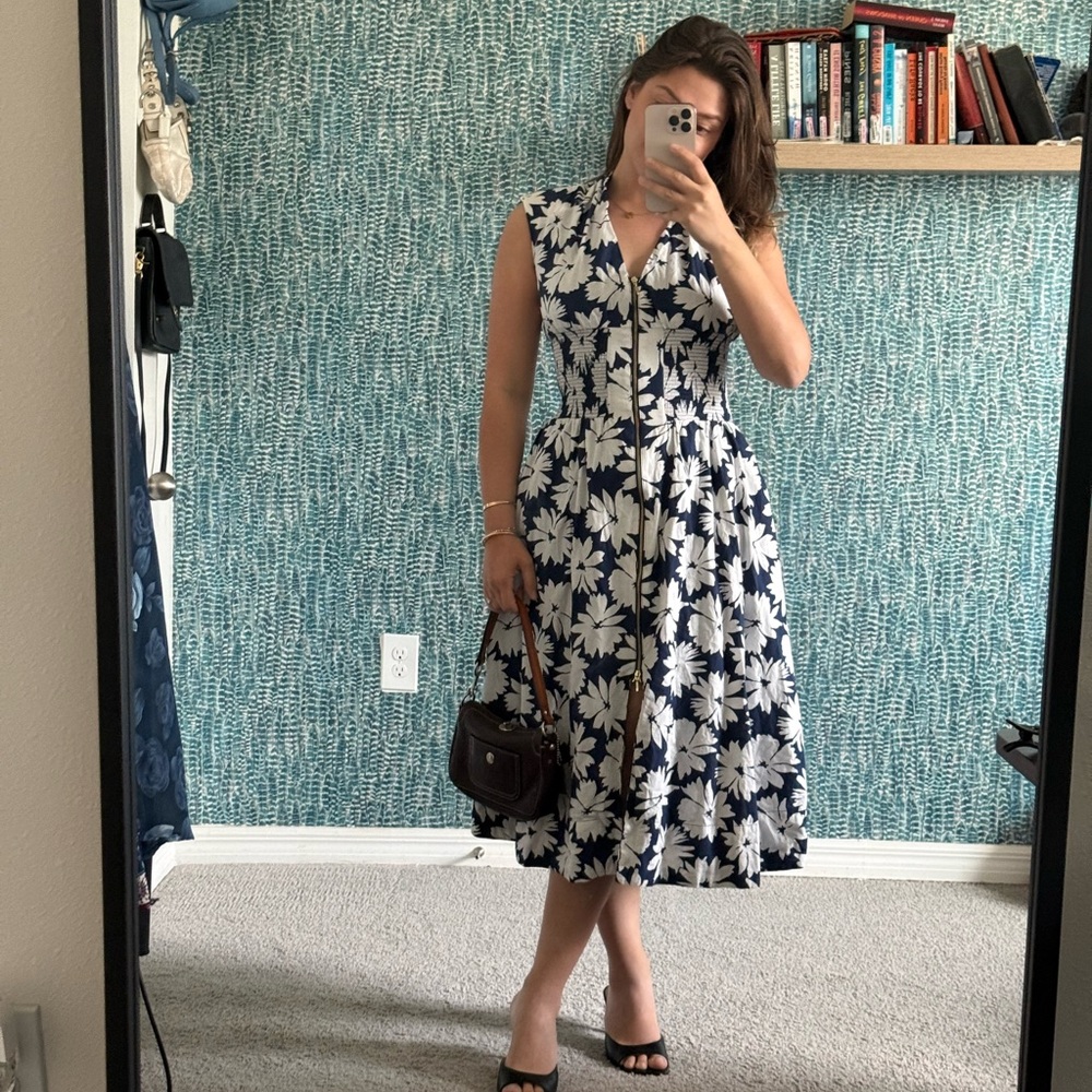 Anthropologie The Tommie Cap-Sleeve Smocked Front-Zip Shirt Dress size small